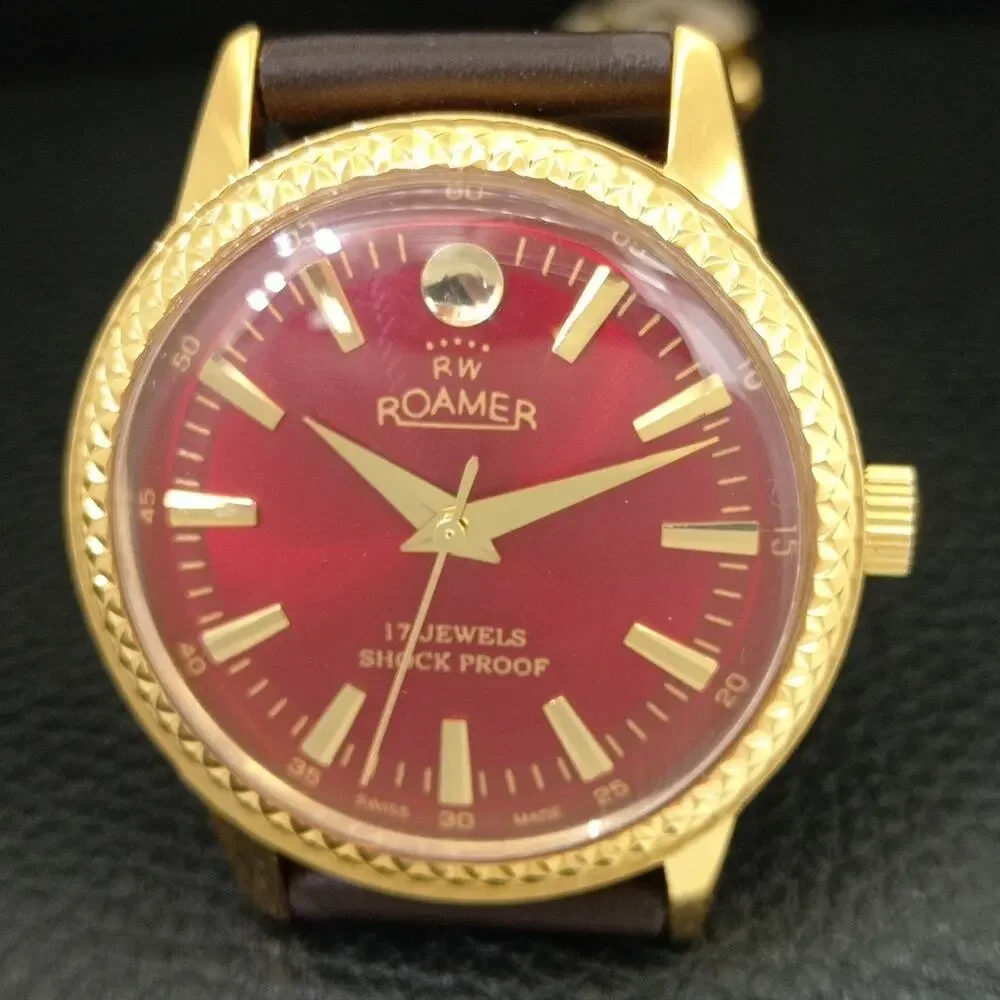Vintage 1977 Roamer Manual Mens Gold Watch W/Leather Strap & Red accents
